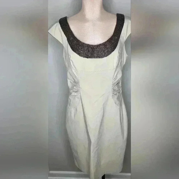 Adrianna Papell Beige Fitted Stretch Dress Beaded Neckline Appliqué Size 14 - Picture 1 of 9